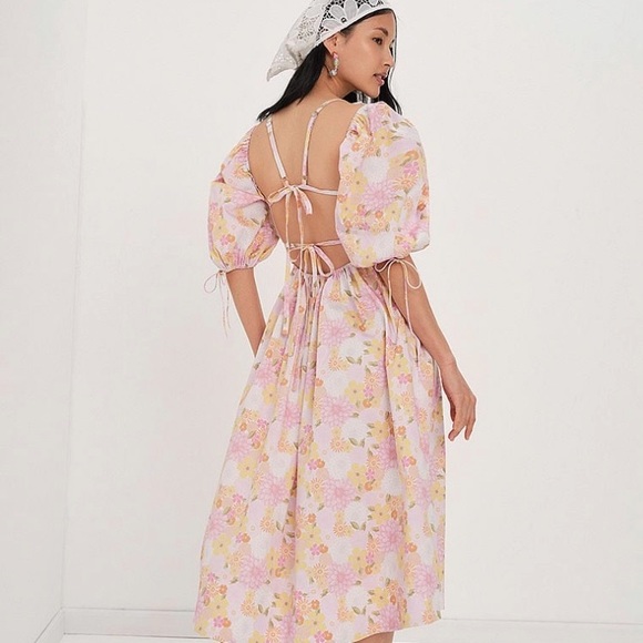 For Love & Lemons Puff Sleeve Floral Flirty Coastal Midi Dress Wo… - Picture 2 of 13